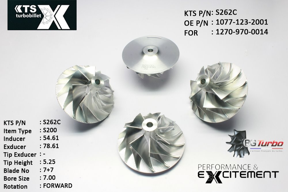 Turbo ROUE FORGÉE MFS PERFORMANCE - 7+7 PALES - INDUCER : 54,61 - EXDUCER : 78,61 - TYPE : S200ANGLE : 55° - ROTATION : Forward - SUPER BACK : 4,85 - BORE SIZE : 7
